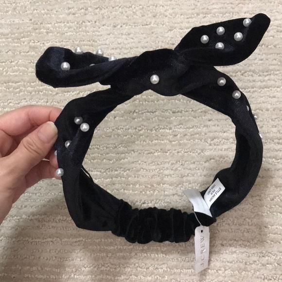 J.Crew Black Suede Pearl Twisted Bow Hairband - Picture 3 of 6